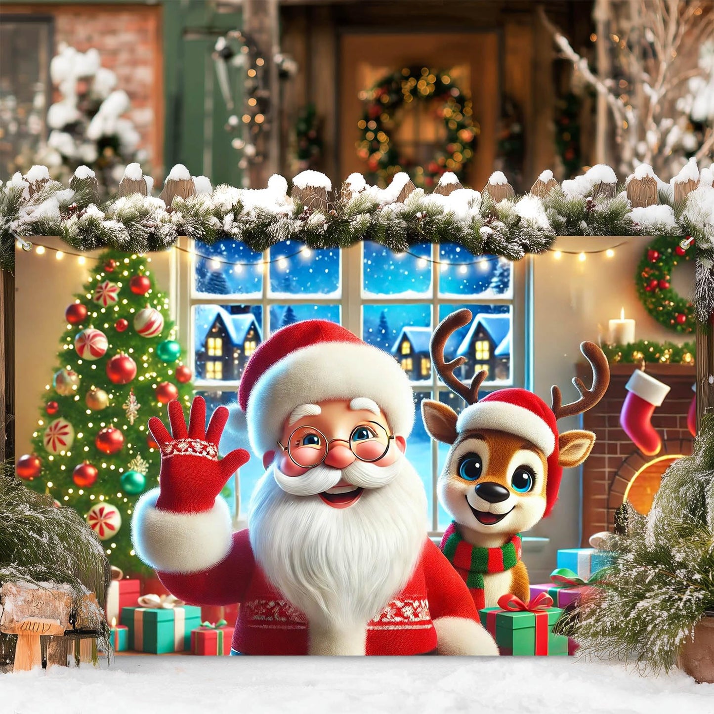BlissYard Christmas Holiday Backdrop Santa Claus Reindeer Gifts Fireplace 71x43 Inch Photography Background Banner for Winter Party Decorations Cozy Event Home Decor Large Photo Booth Prop