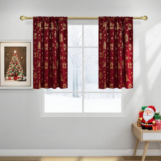 NICETOWN 2 Panels Christmas Red Rod Pocket 42 x 36 Inch Valance Curtains - Holiday Themed Window Treatment for Living Room, Bedroom, Study, Dining Room, Kids Room - Gold Stamping Design