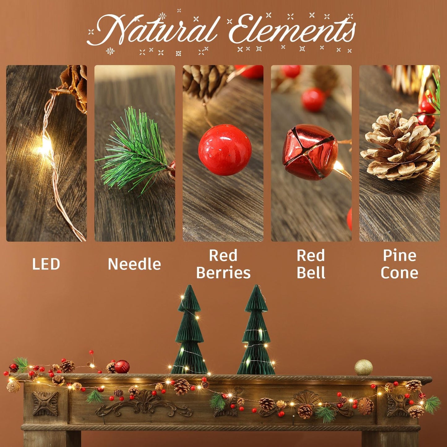 Christmas Garland with Lights, 6.6FT Pinecones Christmas String Lights with Red Berries, Bells & Needles, 20 LED Battery Operated Prelit Garland for Christmas Decorations Indoor/Outdoor (Warm White)