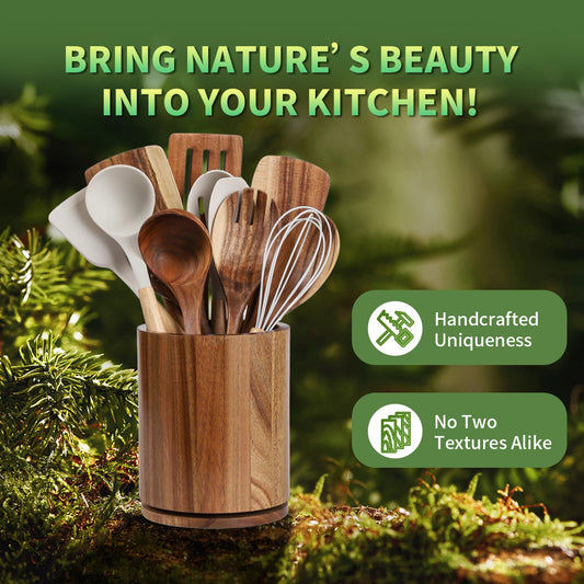 gorsent Wooden Utensil Holder, 360°Rotating 7.3'' Large Utensil Holder for Kitchen Counter, Kitchen Utensil Organizer, Utensil Crock, Farmhouse Kitchens Countertop Decor, Acacia Wood