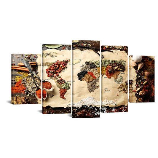 Large 5 Panel Map of World Made from Spices on Wooden Canvas Art Wall Art Kitchen Pictures Modern Wall Decor Gallery Canvas Wraps Giclee Print Stretched and Framed Ready to Hang 60''Wx32''H (Large)
