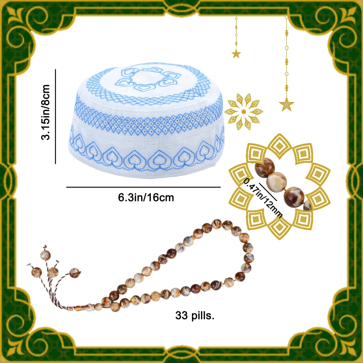 Foldable Muslim Prayer Mat with Back Rest Support, Thick Padded Islamic Prayer Rug, Travel Portable Carpet for Women Men, janamaz, Sajadah, Meditation Prayer Ramadan Eid Gift with Hat and 33 Beads