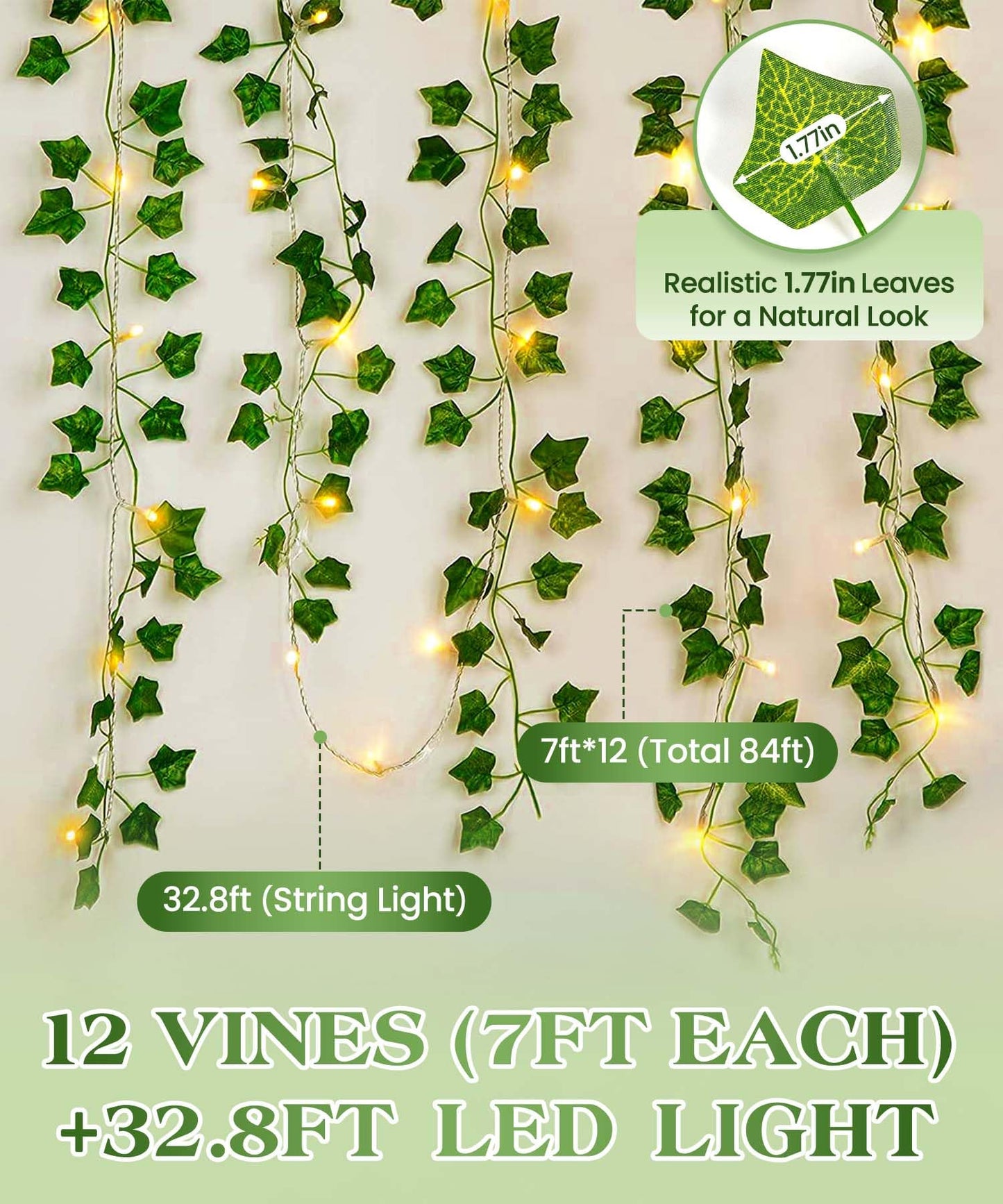 KASZOO 84Ft 12 Pack Artificial Ivy Garland Fake Plants, Vine Hanging Garland with CE Certified 80 LED String Light, Hanging for Home Bedroom Garden Party Wedding Wall Room Decor, Green