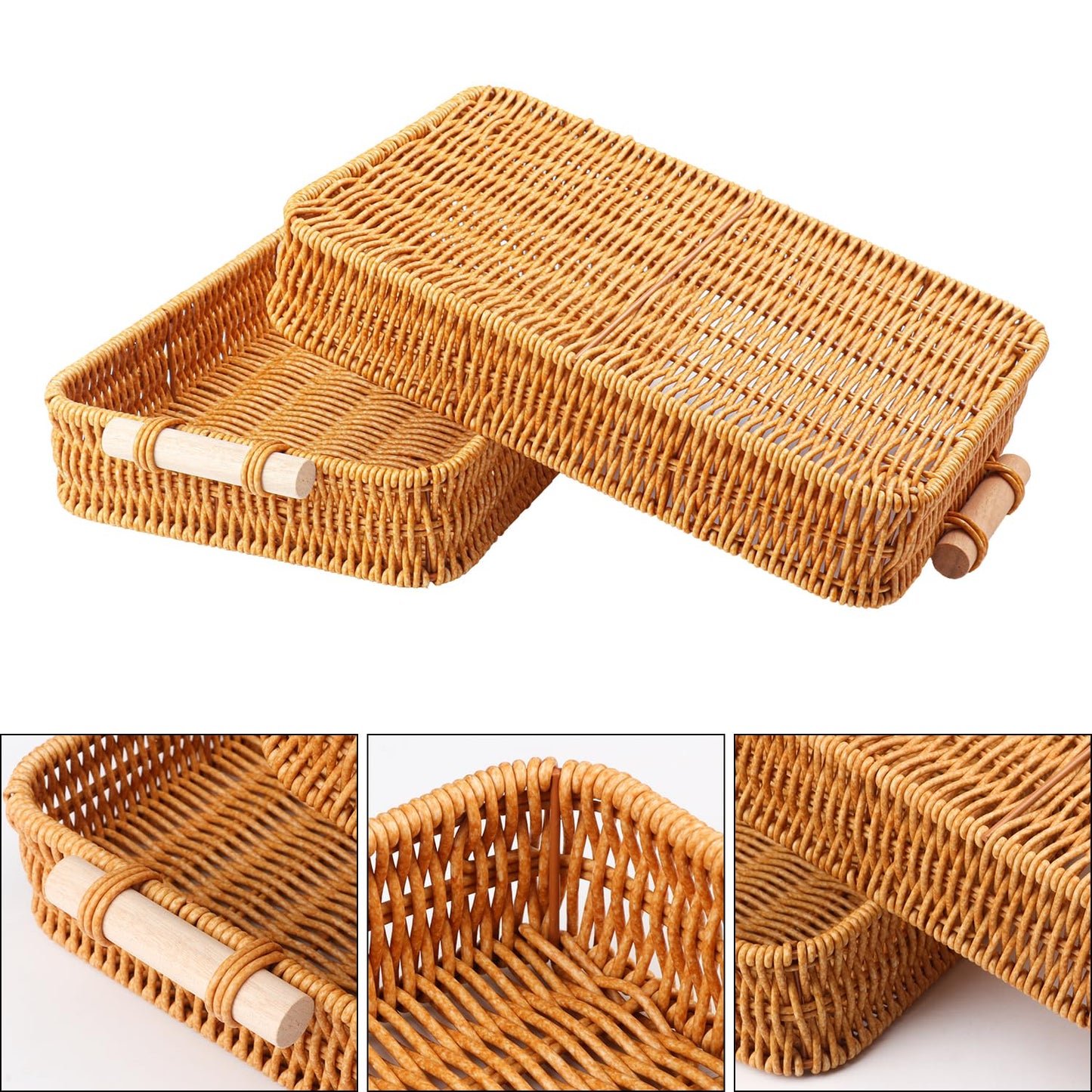 Geytetqi 3 Pack 13.8 x 9.8 inch Rectangle Rattan Tray, Rectangle Woven Serving Basket with Handles, Storage Rattan Serving Trays for Home, Restaurant & Hotel Use, Durable & Easy-Cleaning