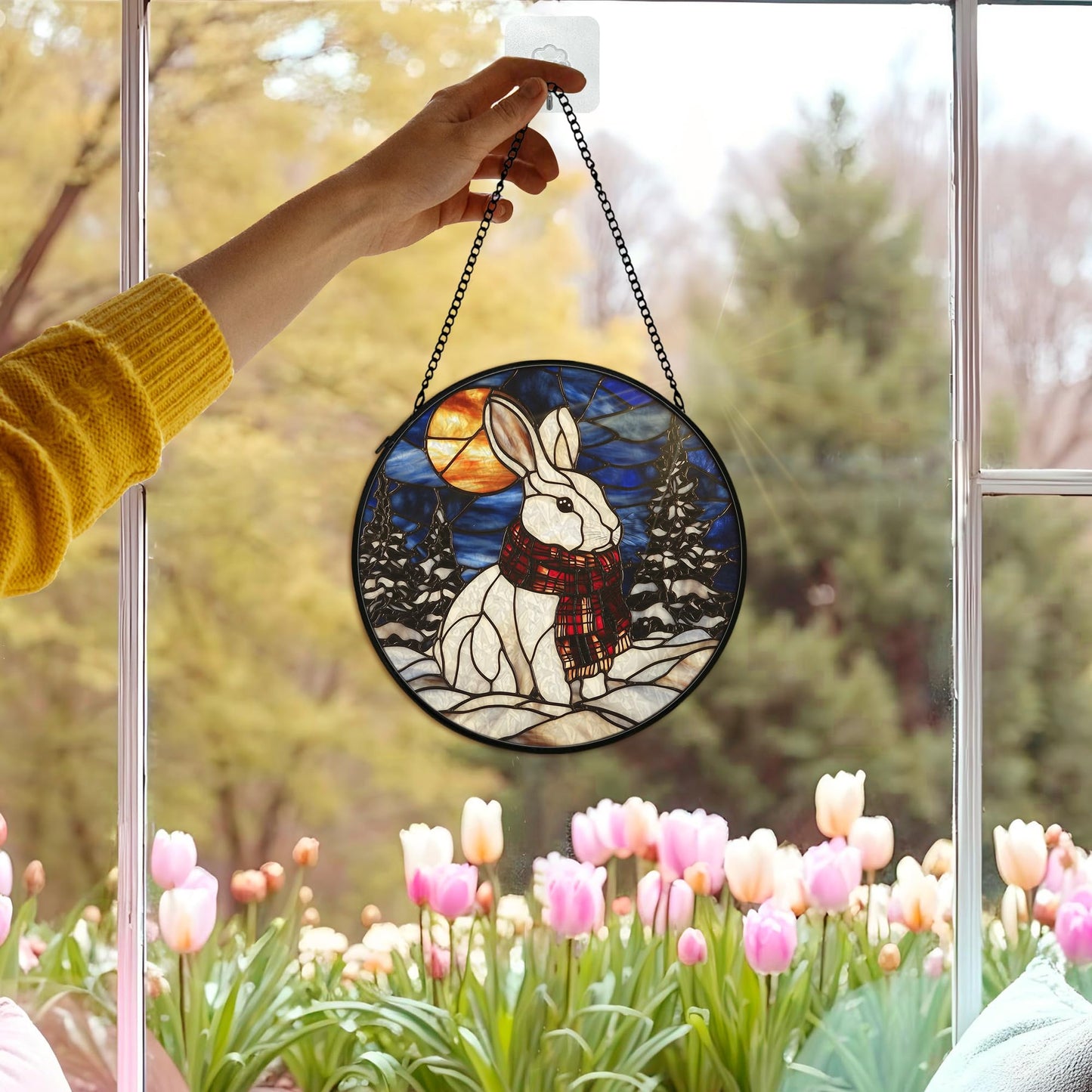 cvjutf Winter Christmas Bunny Suncatcher Stained Glass Window Hanging Decorstions, Nature Landscape Stained Glass Wall Decor, Winter Solstice Gifts, Forest Garden Lawn Sun Catchers Art, 7.9x7.9Inch