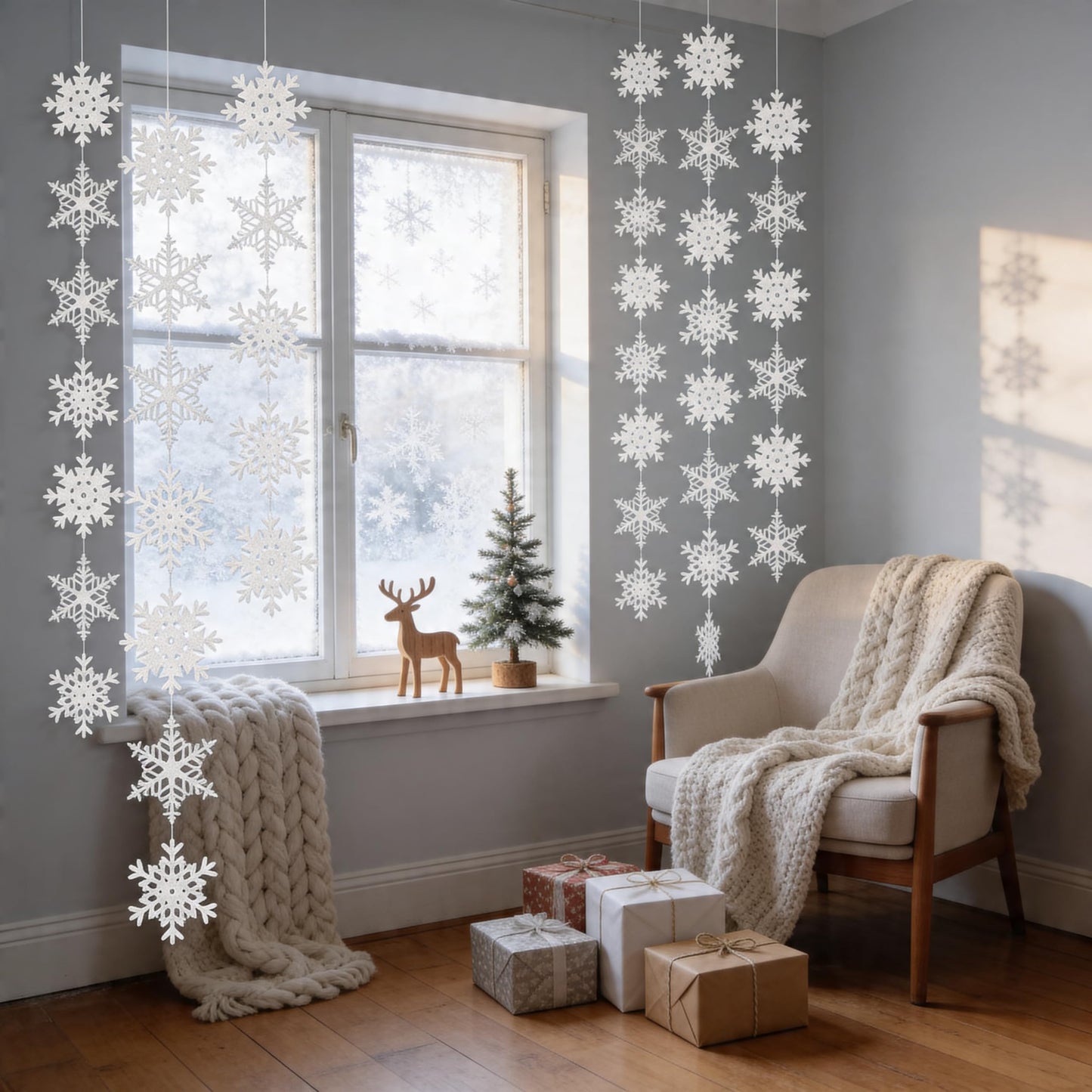 jollylife 12PCS Snowflake Garland Winter Party Wonderland Birthday Decorations - Christmas Snow Flake Streamers Strings Hanging Decor