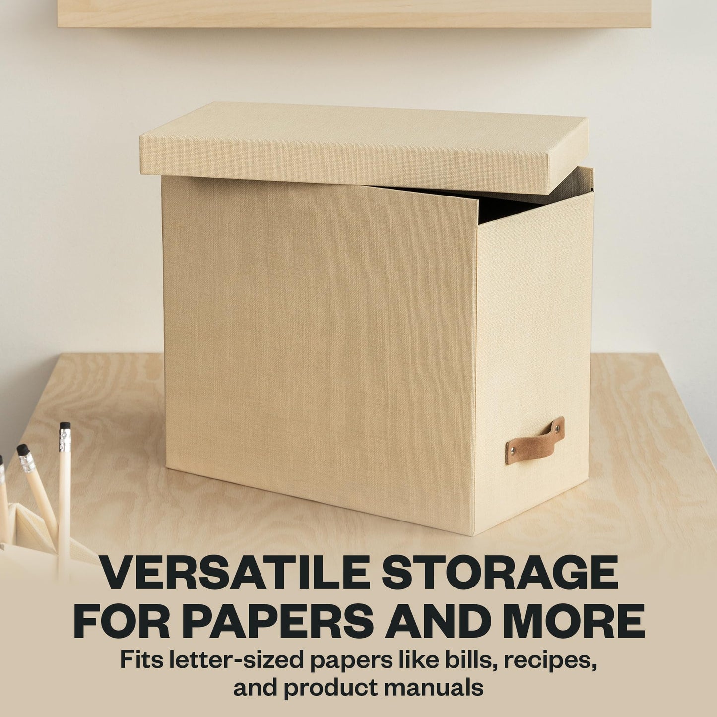 Bigso John File Box - File Storage Box and File Organizer for Important Paperwork - Durable Hanging File Box with Lid and Leather Handle - 7.36 in x 13.26 in x 10.51 in - Cream