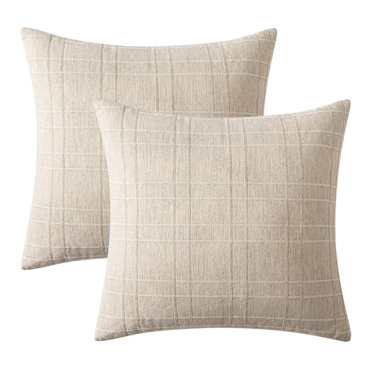 MIULEE Decorative Linen Check Euro Shams Throw Pillow Covers Neutral Farmhouse Vintage Pillow Covers 24x24 Set of 2 Boho Modern Home Decor for Sofa Couch Bedroom Cushion Natural Beige