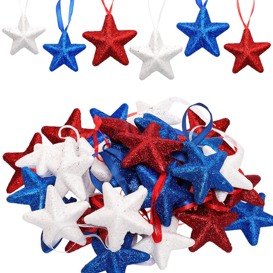 Ngdhkd 24pcs Memorial Day Decorations Patriotic Hanging Star Ornaments for Tree 4th of July Red White and Blue Ornaments for Independence Day Indoor Outdoor Home Decor