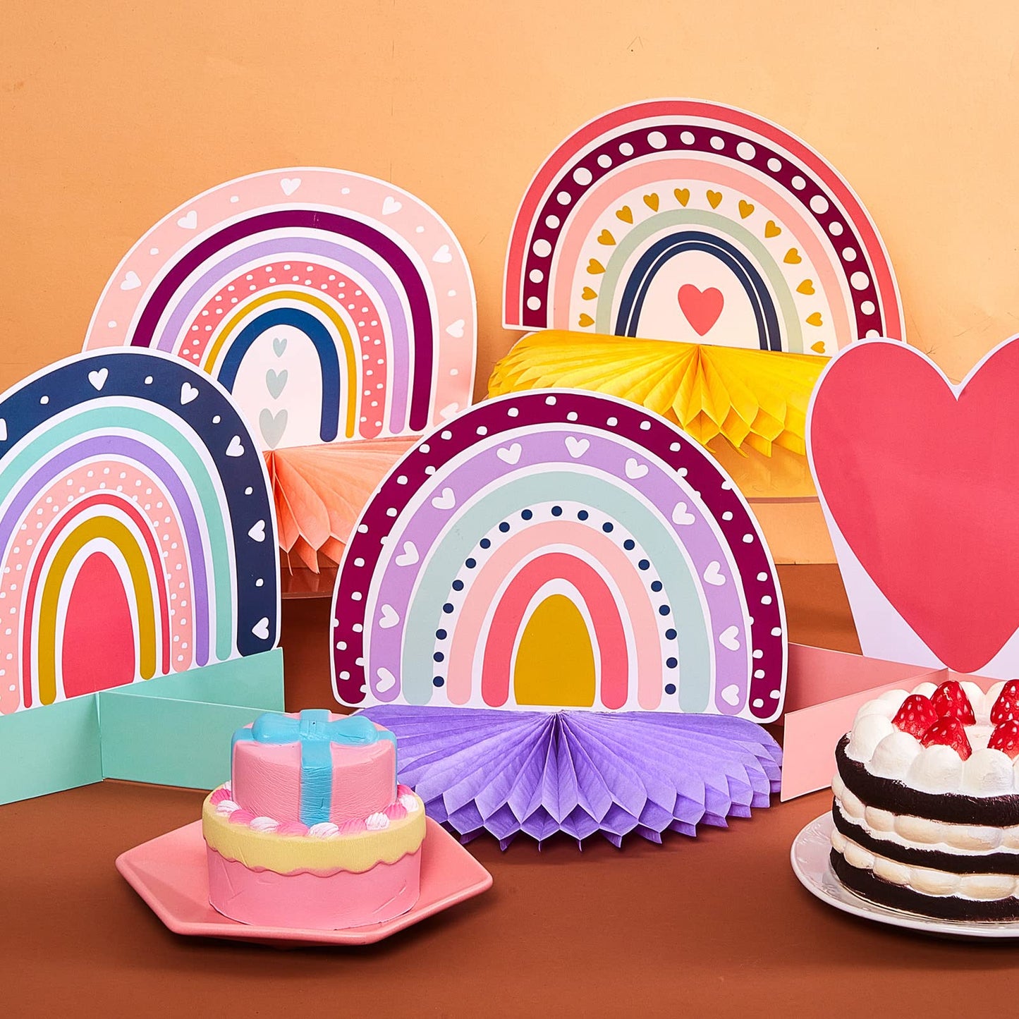 Marspark 10 Pcs Rainbow Honeycomb Centerpiece Rainbow Teamed Easter Birthday Party Table Decoration Supplies Pastel Table Sign Boho Decor Heart Paper Centerpiece for Baby Shower Wedding Decor
