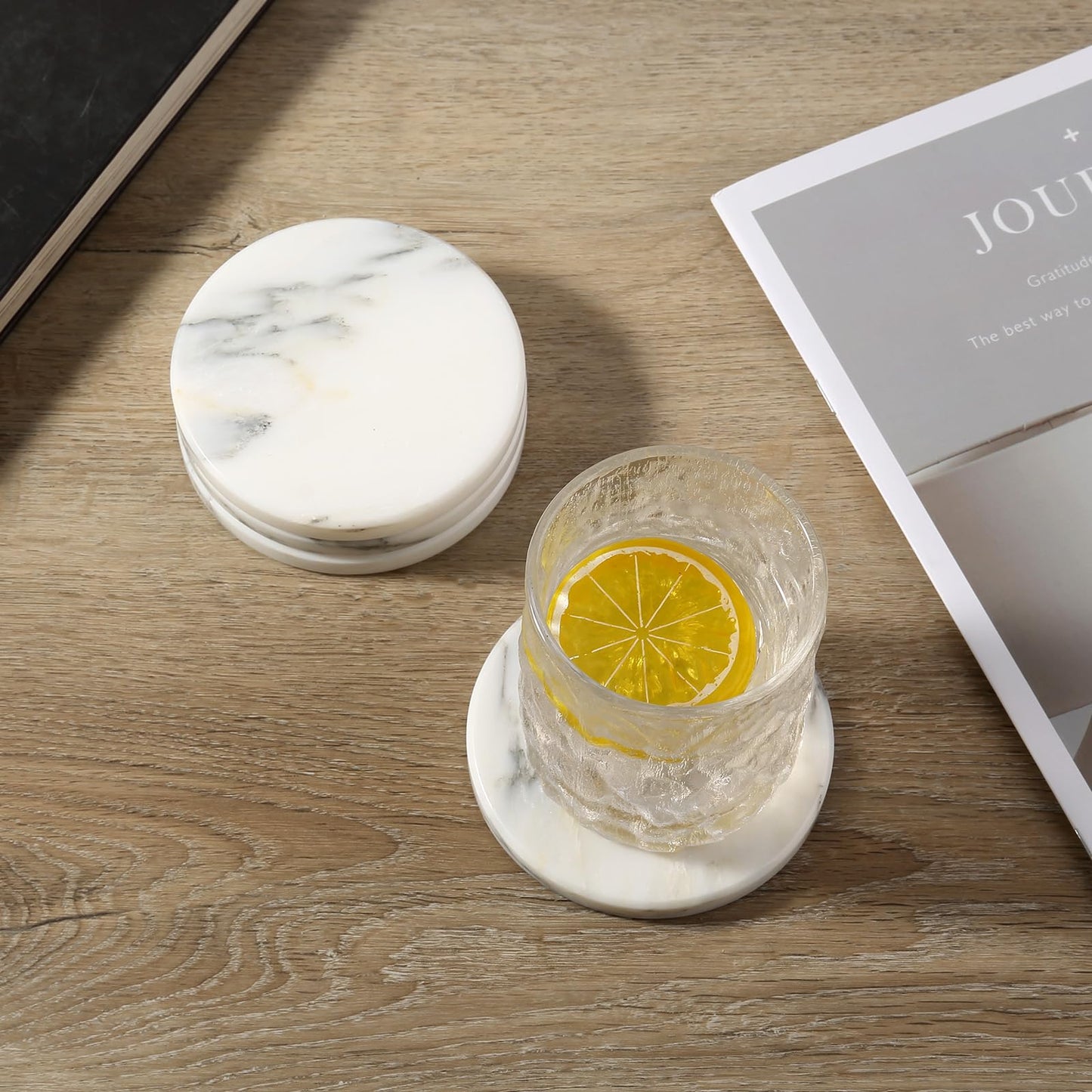 Koville Marble Coaster Set of 4, Round Coasters, 4" Stone Coaster for Drinks Coffee, Marble Coasters for Coffee Table Home Bar Decor, Heat Resistant, Gift Choice(Arabescato)