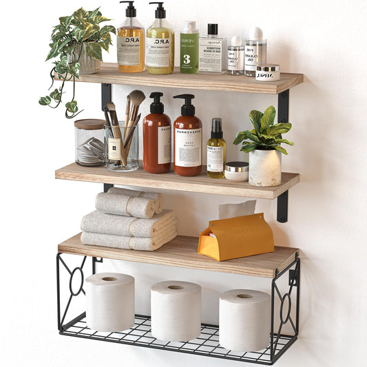 Amada Bathroom Shelves Over Toilet with Storage Basket, Floating Wall Shelf for Home Organization & Wall Decor, Bathroom/Kitchen/Living Room Shelves–Natural Wood