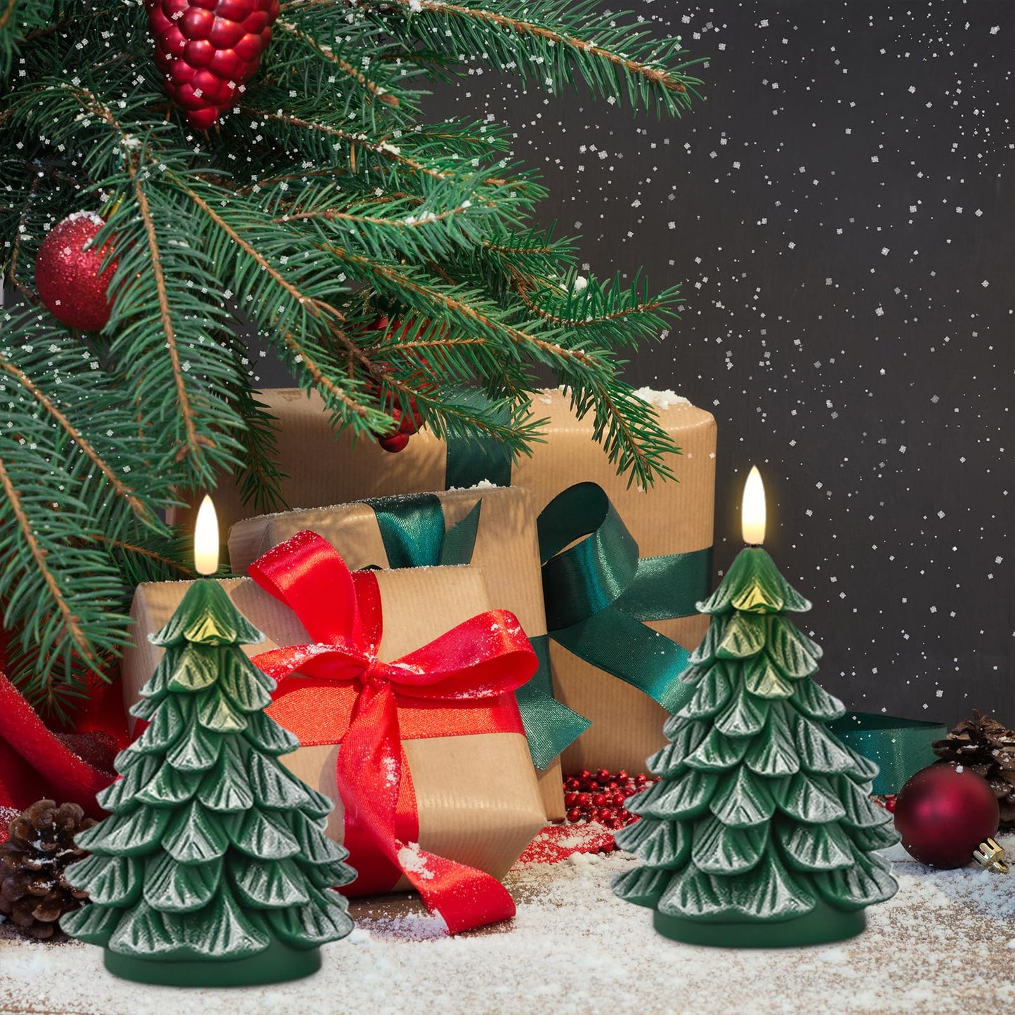 KunSwenn Christmas Tree Candles, 2 Pack Real Wax Christmas Tree Shaped Flameless Candles Battery Operated with 6H Timer, Green LED Flameless Candlesticks Imitate Snow Design for Christmas Winter Decor