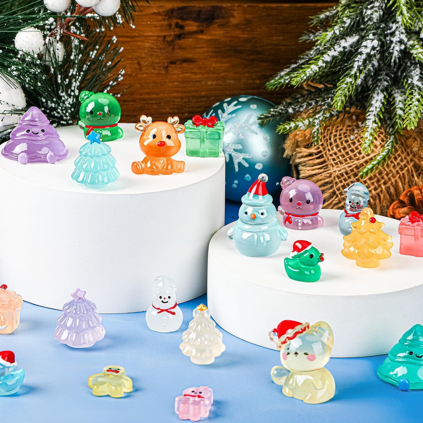 Jansun Mini Christmas Luminous Figurines, 45pcs Christmas Resin Snowman Christmas Tree Gift Box Gingerbread Man Glow in The Dark Decorations for DIY Crafts Xmas Party Gifts Garden Dollhouse Decor