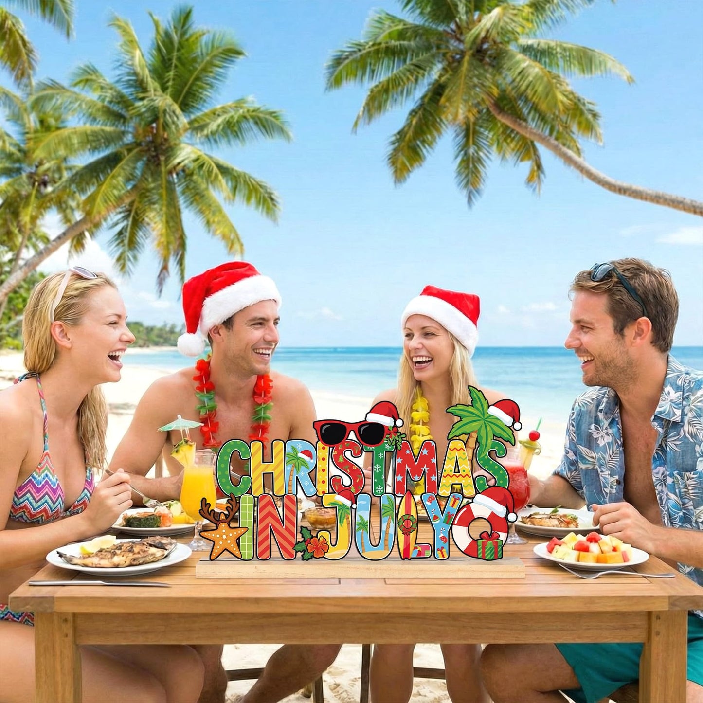 Roowest Metal Christmas in July Sign Tabletop Decor Summer Christmas Table Centerpiece Tropical Tiered Tray Decoration with Wooden Base for Home Office Desk Shelf Mantel Beach Party Gift