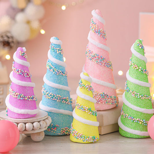 DoubleFill 5 Pcs Pastel Mini Christmas Trees Wool Plush Wrapped Cone Tree Macaron Colors Furball Christmas Table Decor Centerpiece for Tiered Tray Shelf Fireplace Home Decoration Indoor