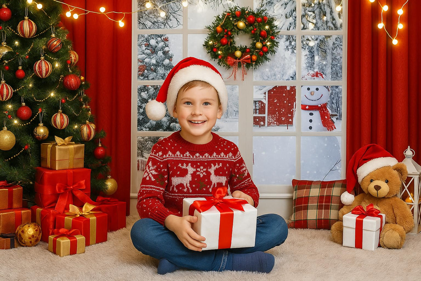 Christmas Window Backdrop 7x5ft Red Curtain Photography Backdrop Winter Xmas Party Banner Decorations Background Xmas Holiday Party Photo Booth D649