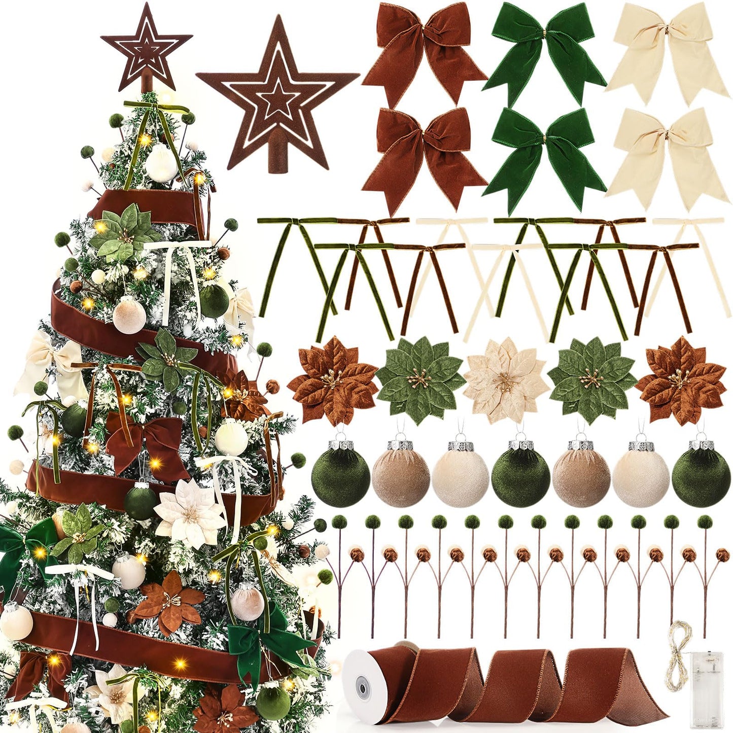 Hungdao 57 Pcs Christmas Velvet Ornament Kit 12 2.4" Velvet Balls 24 4.7" 5.9" Bow 6 4.7" Poinsettia 5.5 Yds Wide Ribbon Star Topper Lights 12 Picks for Xmas Tree Holiday Decor(Beige,Dark Green,Brown)