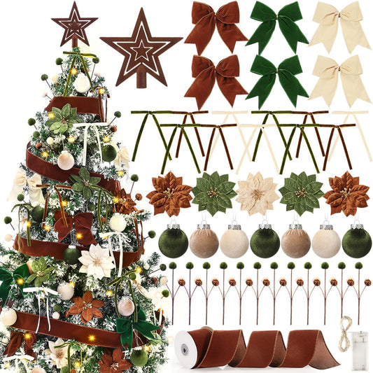 Hungdao 57 Pcs Christmas Velvet Ornament Kit 12 2.4" Velvet Balls 24 4.7" 5.9" Bow 6 4.7" Poinsettia 5.5 Yds Wide Ribbon Star Topper Lights 12 Picks for Xmas Tree Holiday Decor(Beige,Dark Green,Brown)