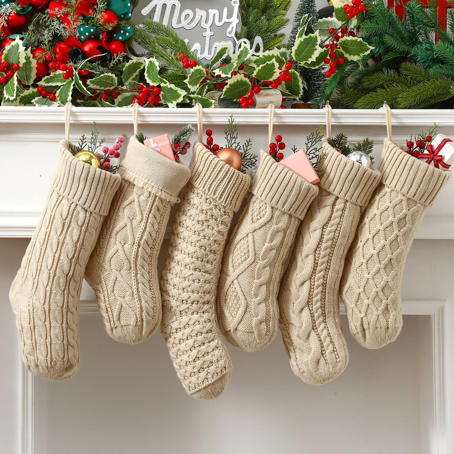 Chicingyou 6 Pcs Christmas Stockings 18" 14'' Cable Knit Neutral Stockings Rustic Farmhouse Fireplace Christmas Ornaments Handmade Boho Knit Socks for Mantel Tree Wall Holiday Decor(Cream)
