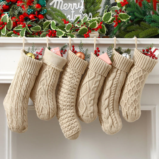 Chicingyou 6 Pcs Christmas Stockings 18" 14'' Cable Knit Neutral Stockings Rustic Farmhouse Fireplace Christmas Ornaments Handmade Boho Knit Socks for Mantel Tree Wall Holiday Decor(Cream)