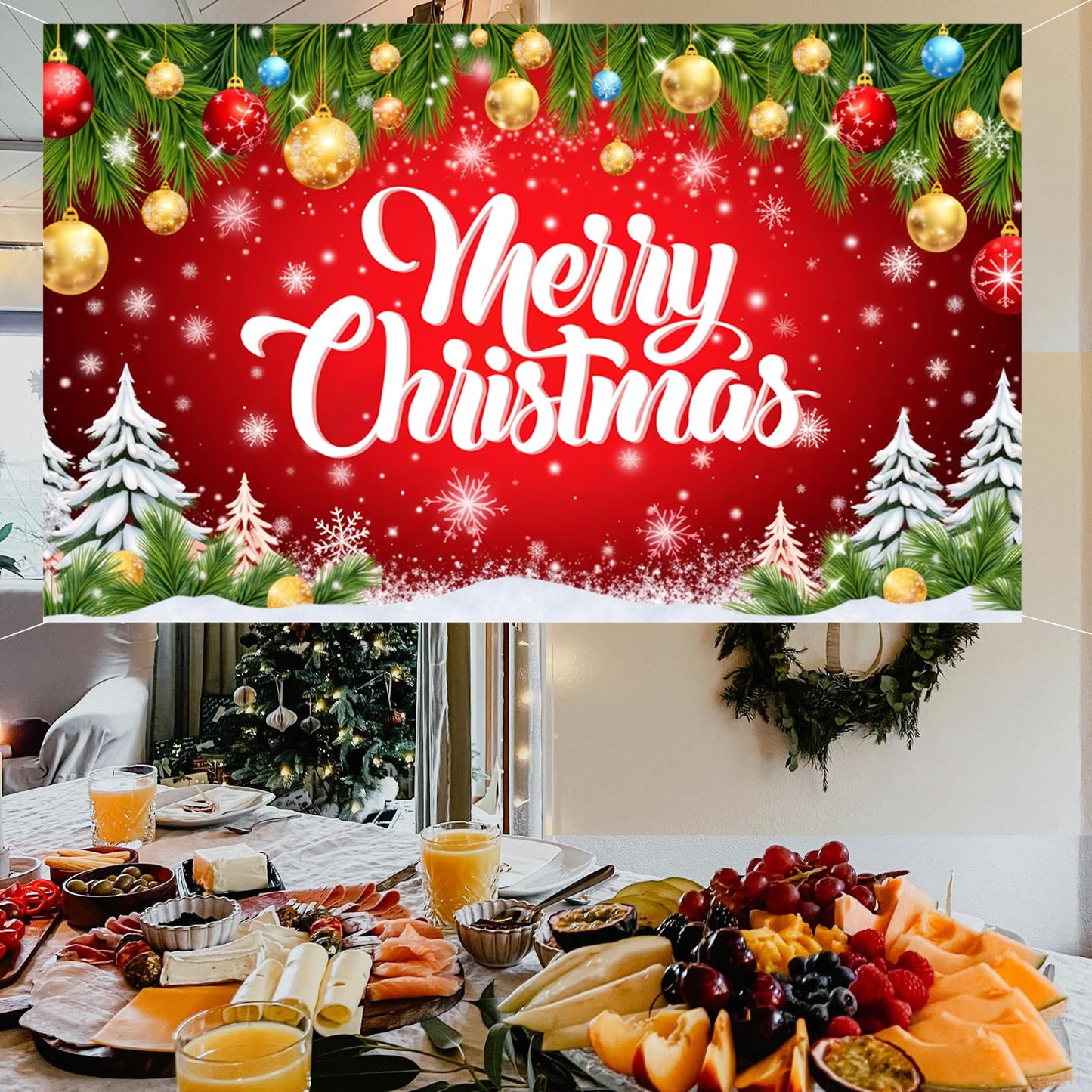 Merry Christmas Banner 71 x 43 Inch Decoration – Large Red Christmas Photography Background Backdrop for Indoor Outdoor Xmas Party Decorations, Fireplace, Wall, and Photo Booth
