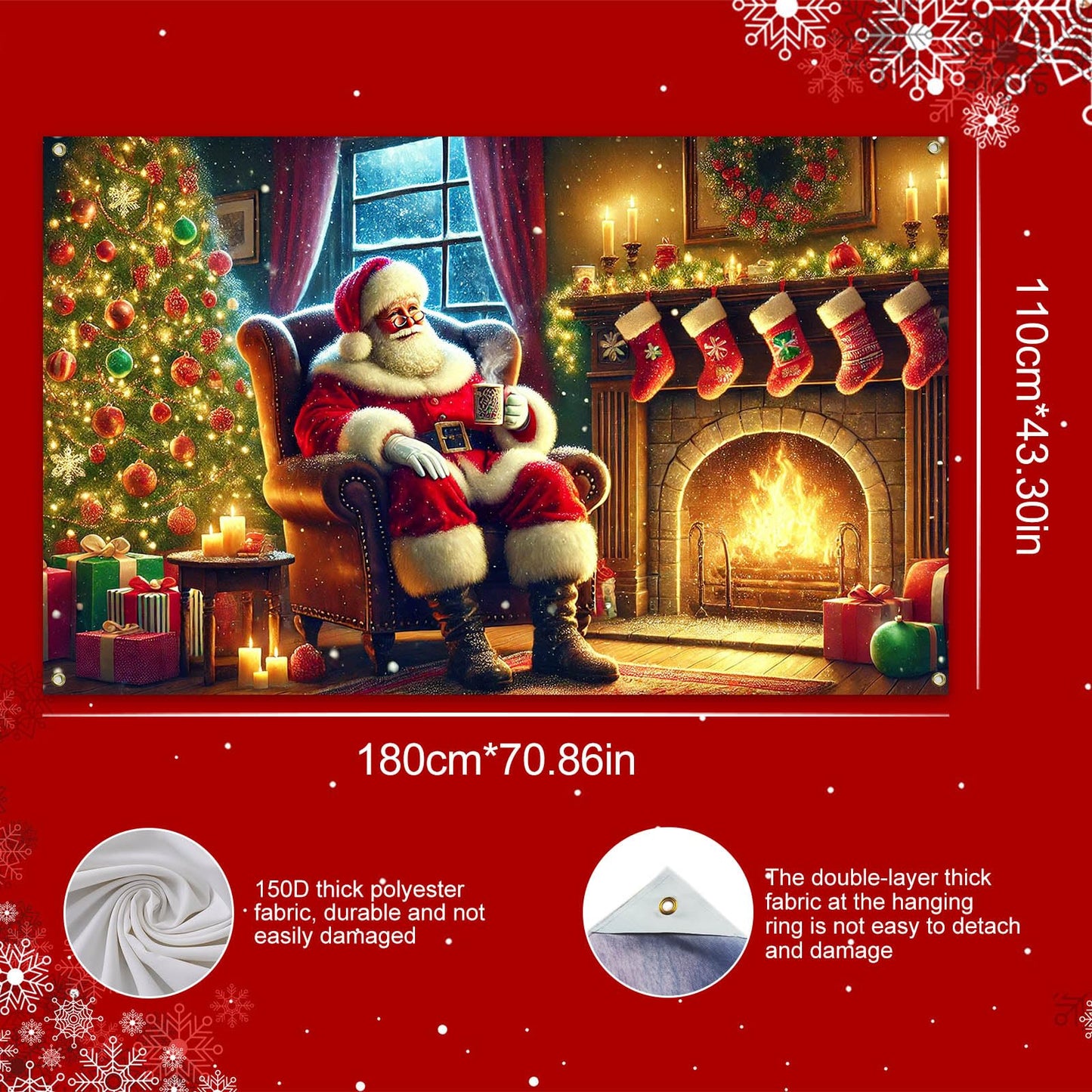 BlissYard Christmas Banner Santa Claus Fireplace Tree Holiday Wall Decoration Warm Cozy Living Room Scene Background Indoor Outdoor Party Decor for Home 71 X 43 Inches