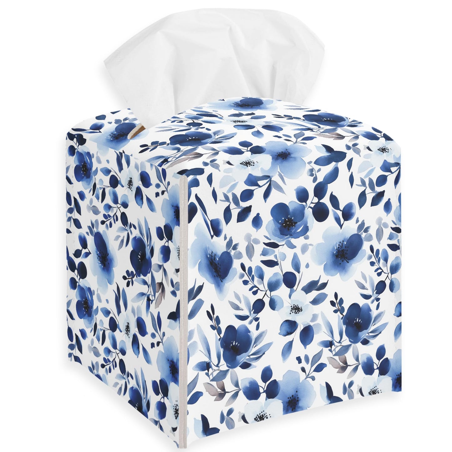 Sweet Blue Flower Watercolor Tissue Box Cover, Leather Tissue Box Holder Square Facial Paper Organizer Dispenser for Bathroom Kitchen Bedroom Vanity Countertop