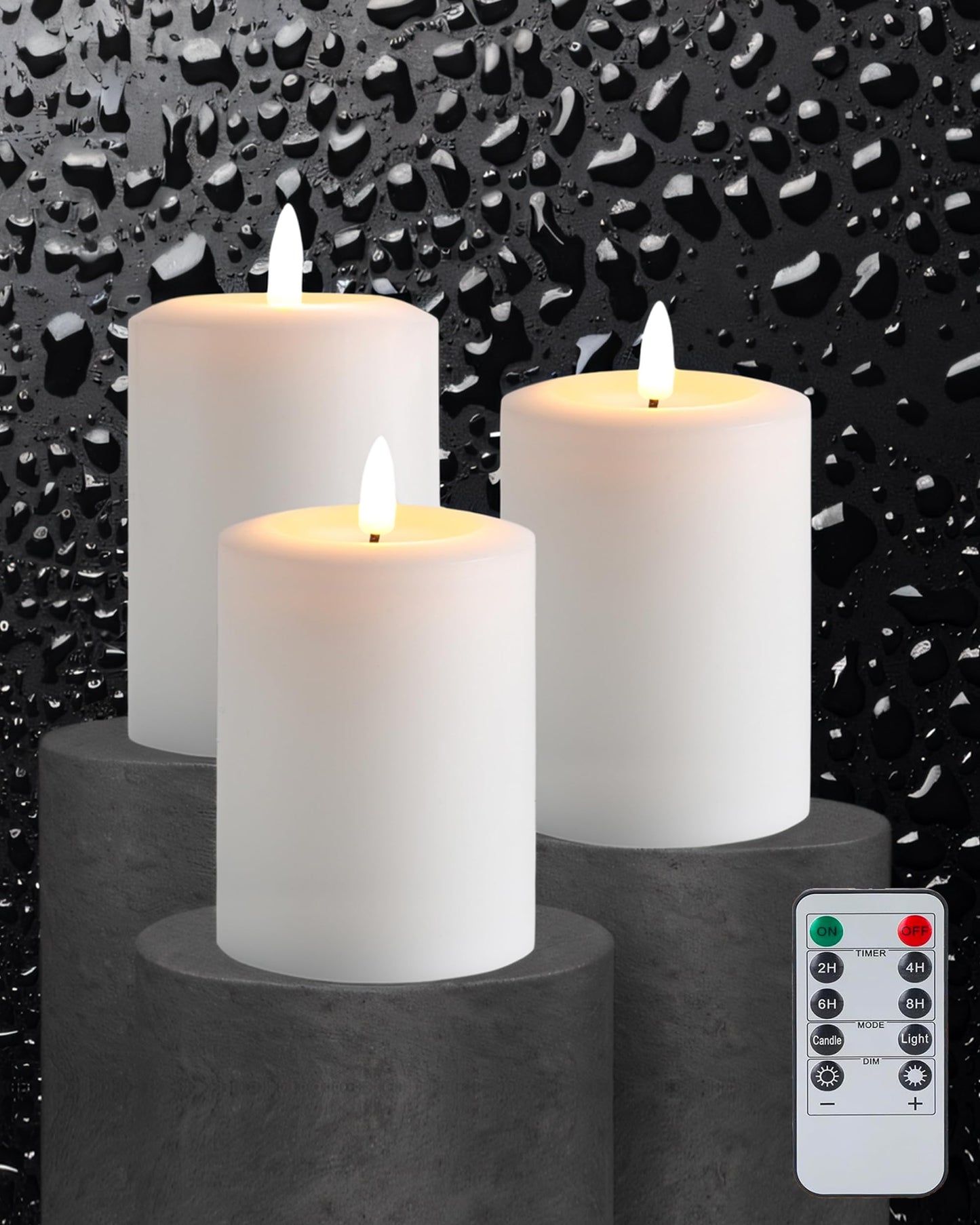 Gmnee 3"x4" Flickering Flameless Candles with Remote Timer, Real Wax, White Pillar Candles, Set of 3 Fake LED Battery Operated Candles for Home, Fireplace, Centerpiece, Rustic and Farmhouse Decor