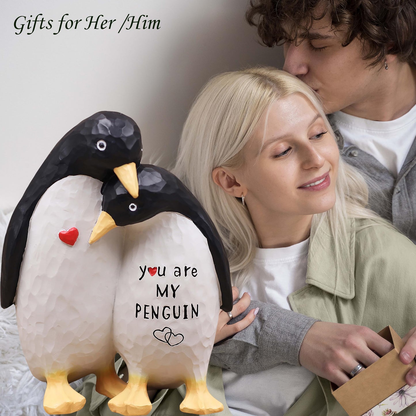AUMELO Anniversary Wedding Gifts for Women Men Couple, Gifts for Him, Birthday Gift for Girlfriend Boyfriend, I Love You Gift for Wife Husband-Couple Penguin Figurine for Christmas Valentines Day