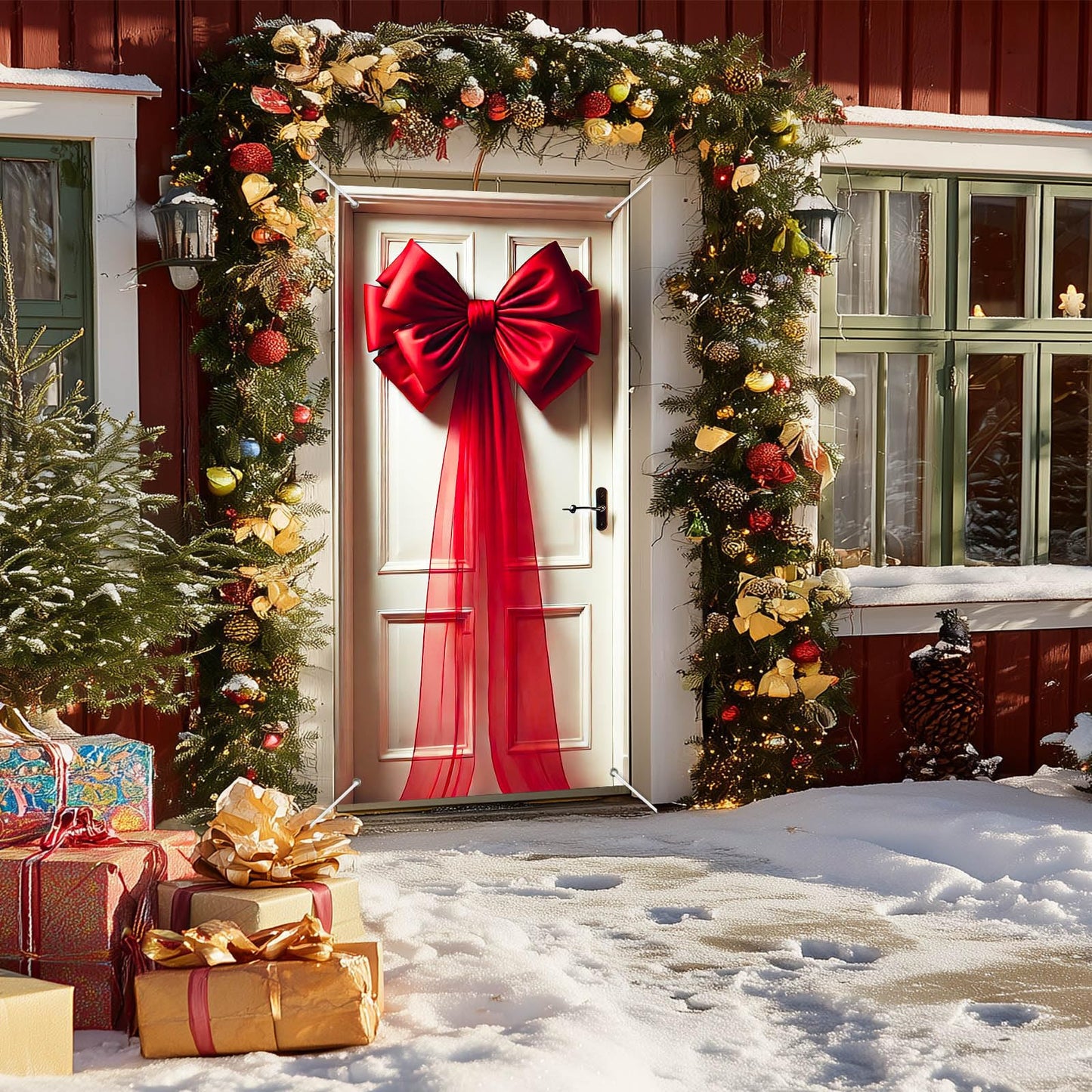 BlissYard Giant Red Bow Christmas Door Cover 35x71 Inch Holiday Entry Banner for Front Door Indoor Outdoor Winter Backdrop Wall Hanging Décor