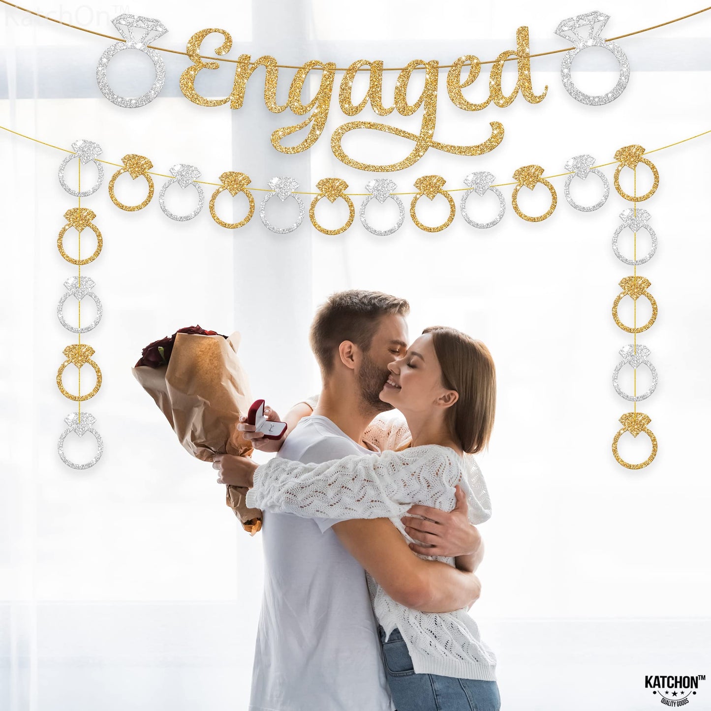 KatchOn, Pre-Strung Gold and Silver Glitter Engaged Banner - 2 String, 10 Feet, No DIY | Engagement Party Decorations | Banner for Bachelorette Party Decorations, Engagement Decorations, She Said Yes Decorations