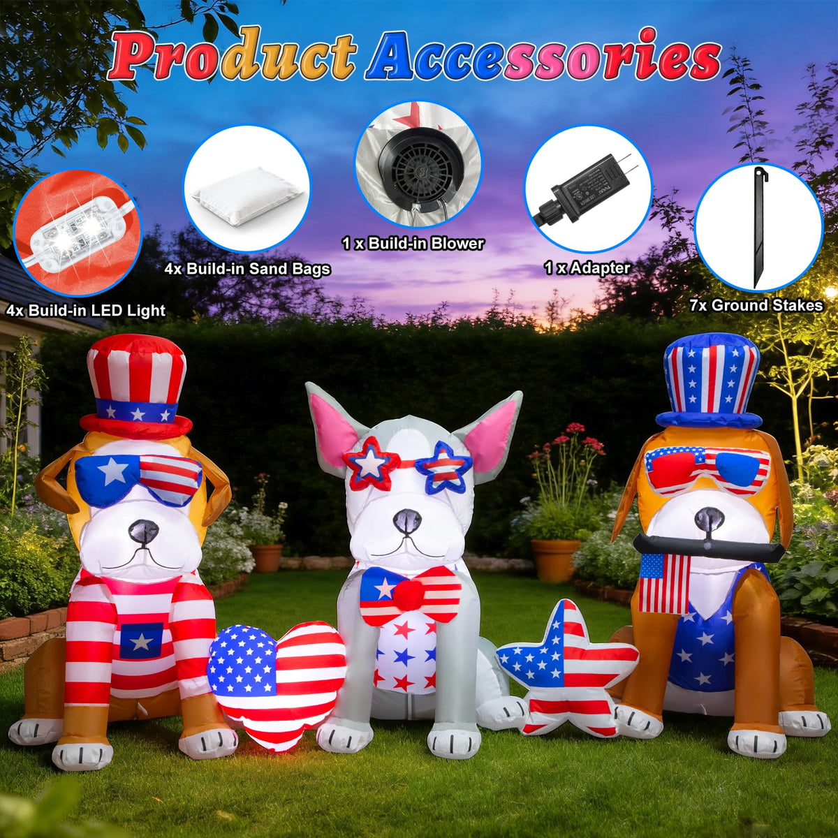Spinosaurus 7FT 4th of July Inflatables Outdoor Decoration 3dog USA Flag Print Heart Star with LEDs Blow Up Independence Day Patriotic Holiday Yard Decorations