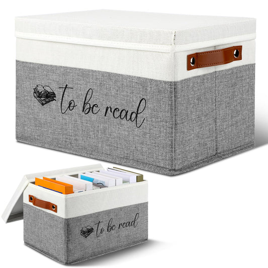 Marsui Book Lover Gifts TBR Book Storage Basket with Lids to Be Read List Storage Bin Bookish Accessories Bookworm Gift for Club Members Student Teacher Reading Accessories(White and Grey)