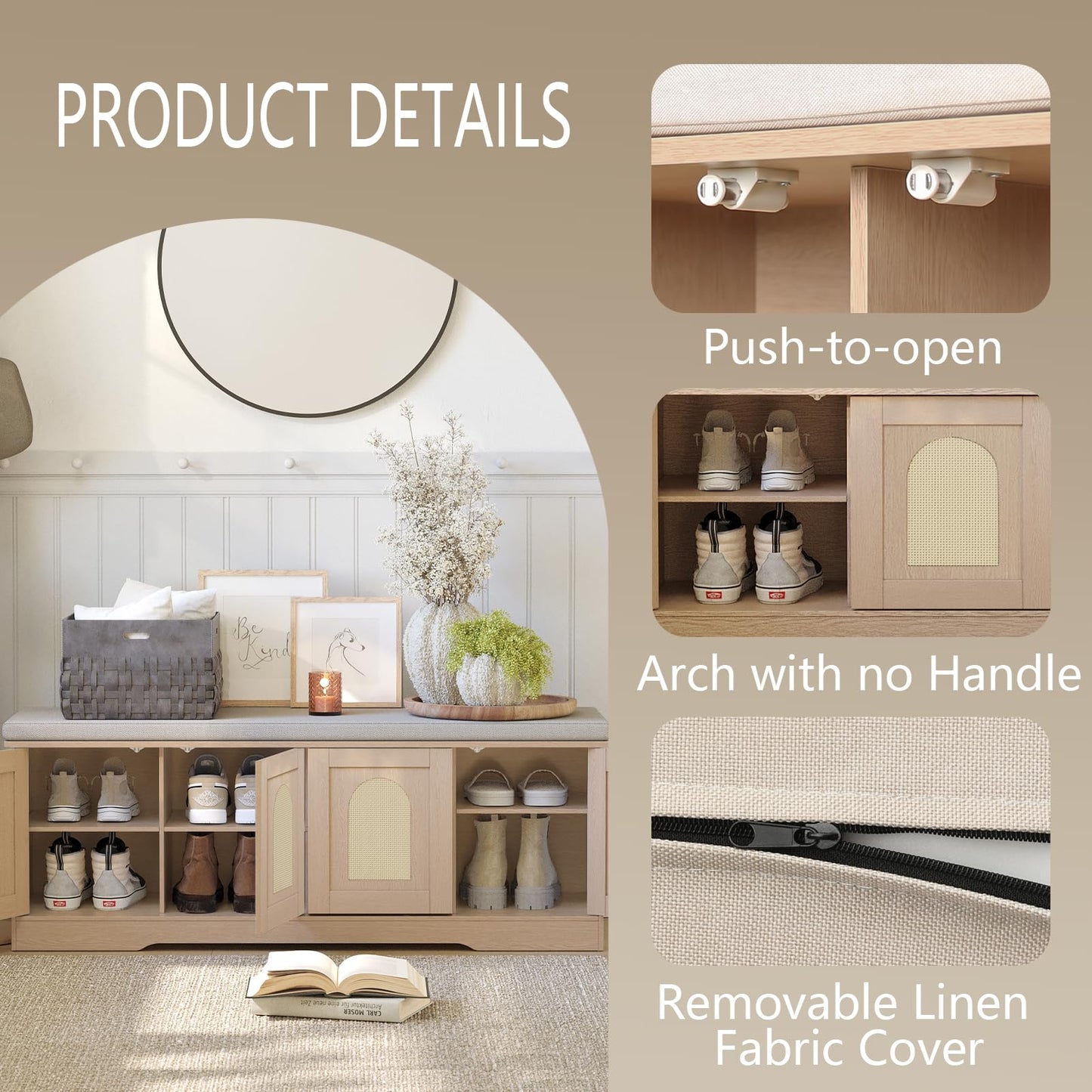 DINZI LVJ Shoe Bench, Entryway Storage Bench with Doors, Cushion, 2-Tier Shoe Rack with 8-Cubby, 47.2”L x 13.8”W Shoe Organizer Cabinet, Adjustable Shelf, Living Room, Bedroom, Natural with Rattan