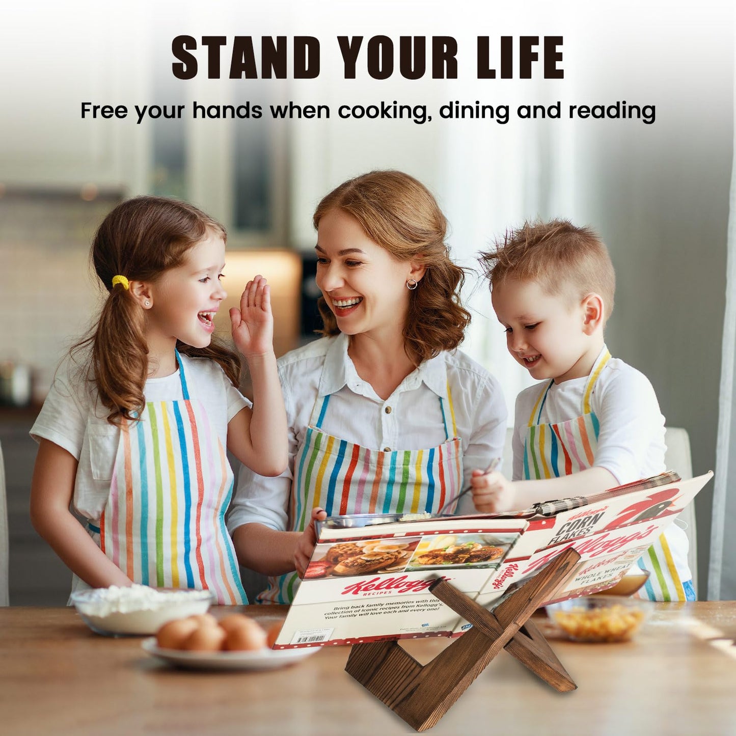 Cookbook Stand for Kitchen, Wooden Cookbook Holder, Recipe Book Holder for Kitchen Counter, Rustic Cook Book Holder Stand - Brown