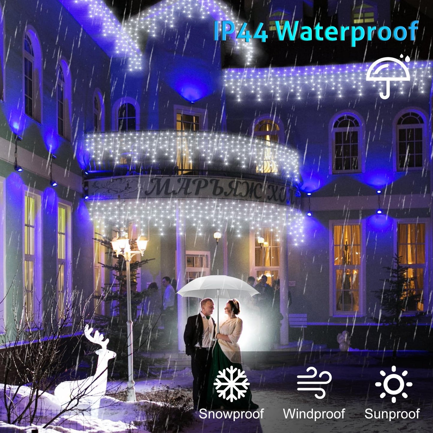 HGJ 49FT 128 Functions Christmas Icicle Lights Outdoor with 504 LED 8 Modes and Timer Curtain Lights Outside for Garden Holiday Gatherings Indoor Outdoor Decorations
