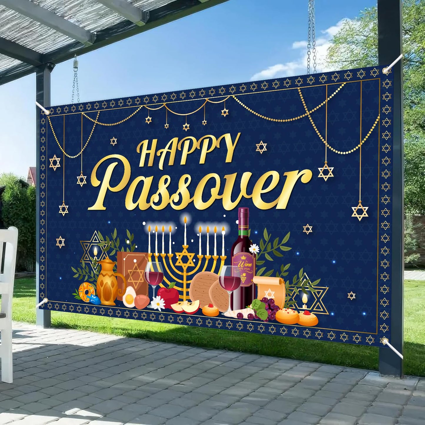 Happy Passover Banner Backdrop - 72'' x 43'' Passover Banner Decoration, Hanging Jewish Pesach Background Decor for Wedding Festive Welcome Banner Passover Party Supplies