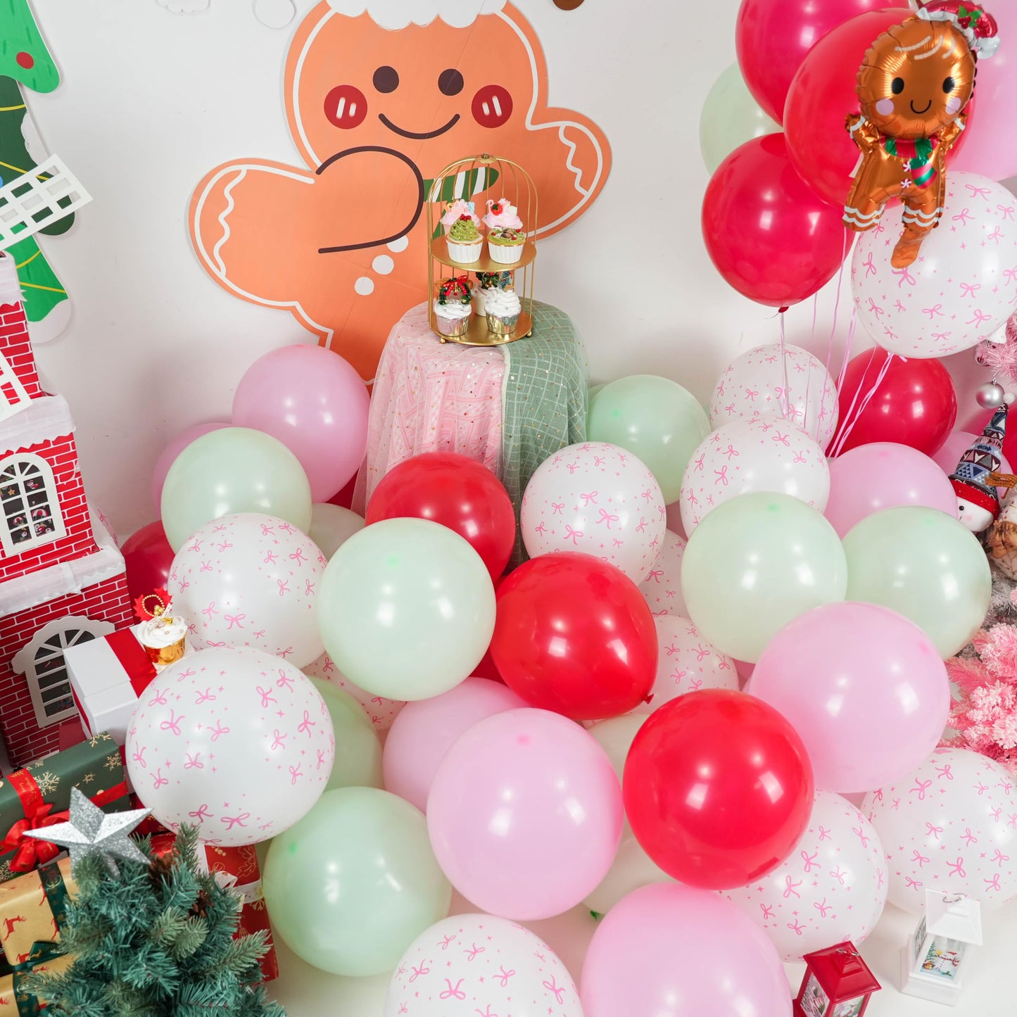Christmas Balloons, 60pcs Pink and Red Green Balloons with Gingerbread Man Foil Xmas Balloon, Pastel Green Red and Pink Bow White Balloon for Christmas Party Decorations Birthday New Year Supplies