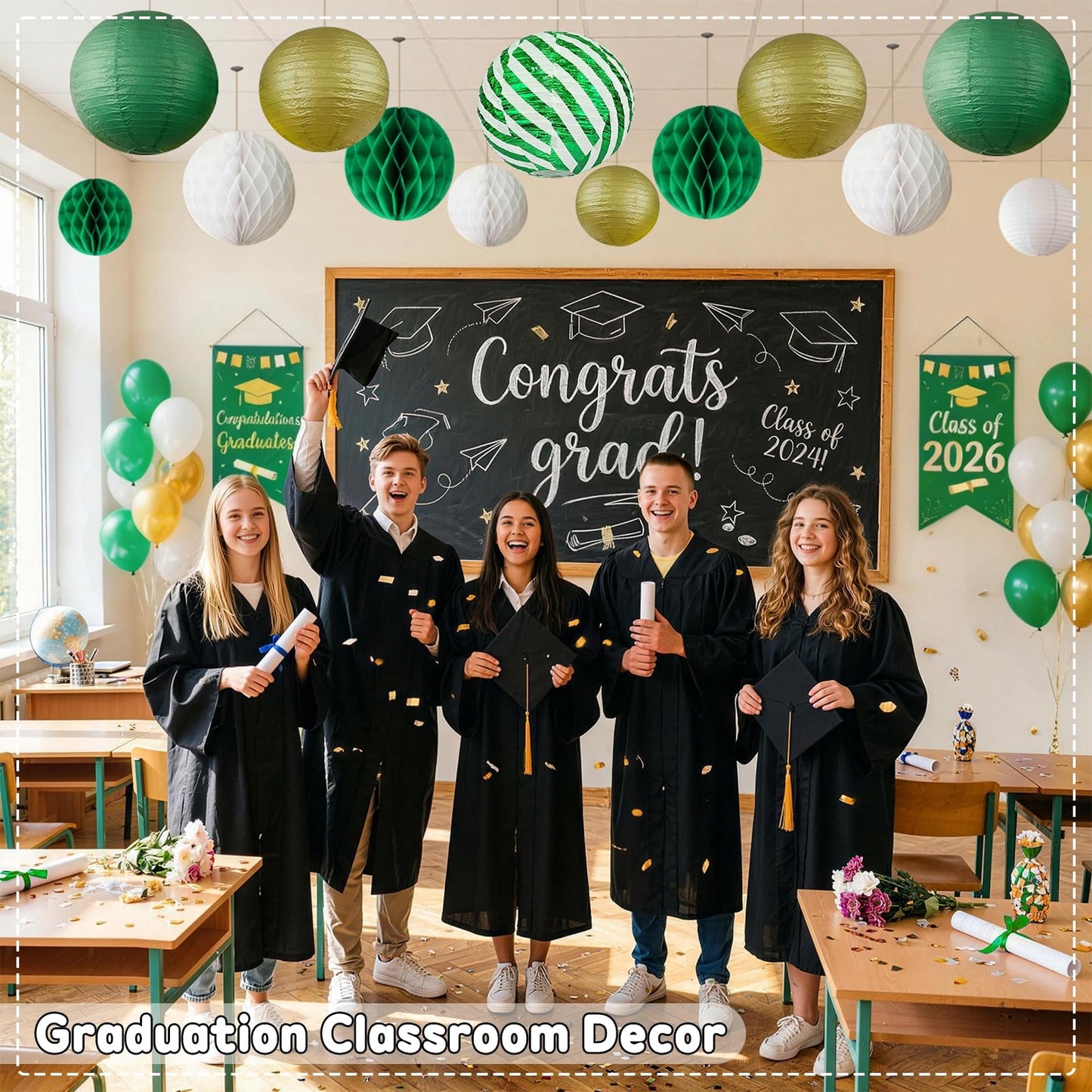 Green and Gold Party Decorations - 16Pcs Hanging Green White and Gold Paper Lanterns & Honeycomb Balls for Graduation Decorations 2026, Birthday, Baby Shower & Wedding Party Supplies