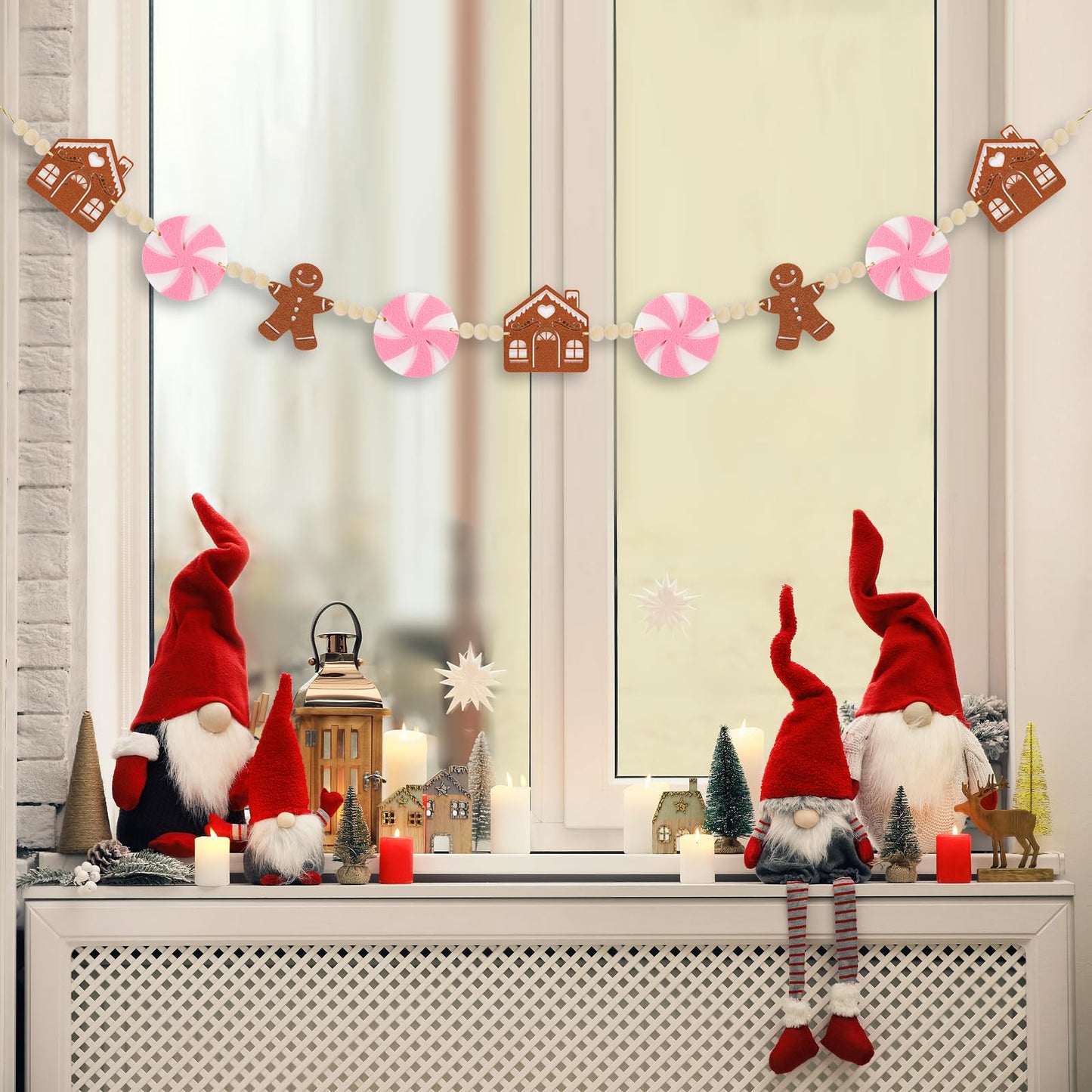 KnomeKo 6Ft Pink Christmas Garland - Pink Candyland Christmas Ornaments Felt Gingerbread House with Wood Beads - Christmas Gingerbread Decor for Mantle, Wall, Tree, Indoor