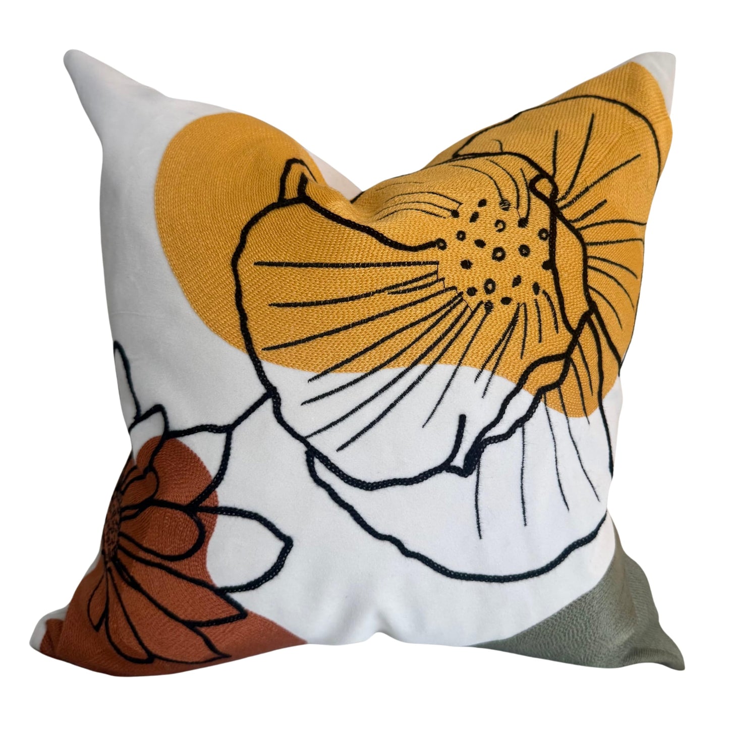AYAY Decorative Velvet Throw Pillow Cover 18x18 Inch – Beige with Yellow, Rust & Olive Embroidered Floral Design, Earthy Boho Accent Cushion, Hidden Zipper, Cover Only