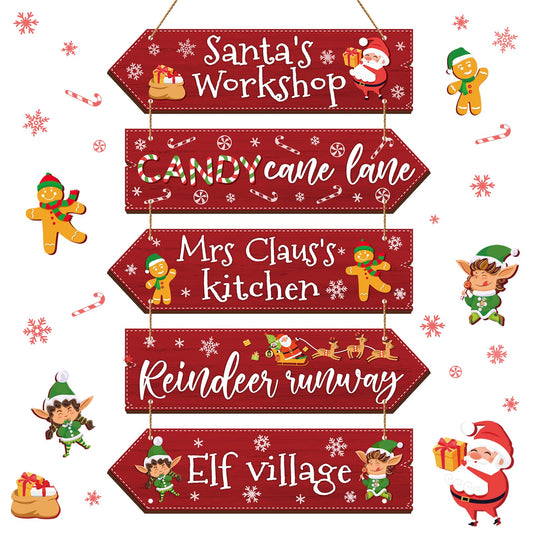 Patelai Wooden Christmas Sign Rustic Hanging Arrow Signs Christmas Party Directional Sign Gingerbread Wood Home Decor Red Santa's Workshop Wall Hanging Decor for Home Outdoor Indoor (Simple)