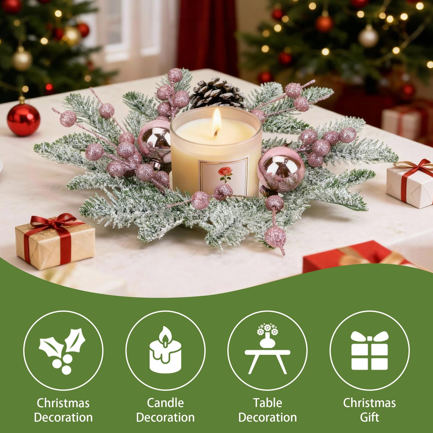 Christmas Candle Rings Wreaths,8" Small Wreaths for Kitchen Cabinet with Balls,Pine Cones,Pine Needles and Berries for Home Christmas Table Centerpiece Decorations (4, Pink)