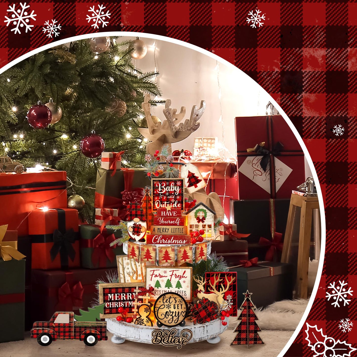 Shellwei 24 Pcs Christmas Tiered Tray Decor Wood Rustic Christmas Decoration for Home Table Shelf Winter Farmhouse Decor Xmas Trees Gnome Elk Snowflake Signs (Buffalo Plaid)