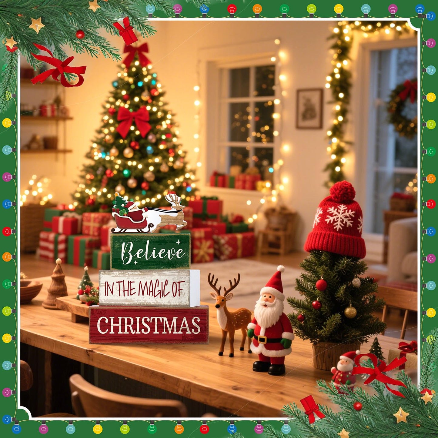 Lineshading 4 Pcs Christmas Table Decoration Wooden Santa Claus Decor Christmas Tiered Tray Decor Decorative Santa Claus Elk Block Sign Gift Farmhouse Xmas Table Centerpiece for Home Kitchen Shelf