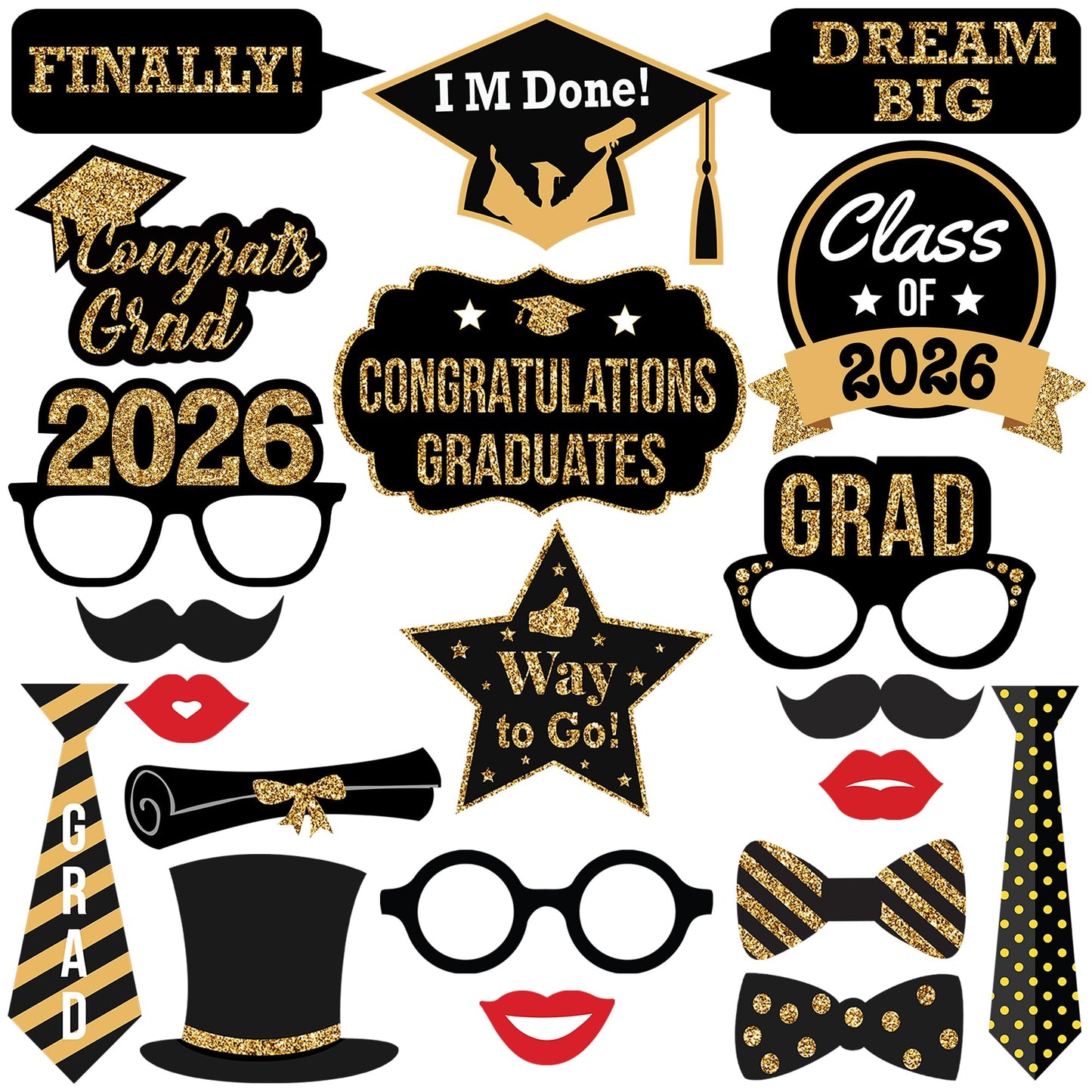 KatchOn, Graduation Photo Booth Props 2026 - Pack of 21 | 2026 Photo Props for Black and Gold 2026 Graduation Decorations, Graduation Party Decorations, Graduation Photo Booth Props, Grad Party Decor