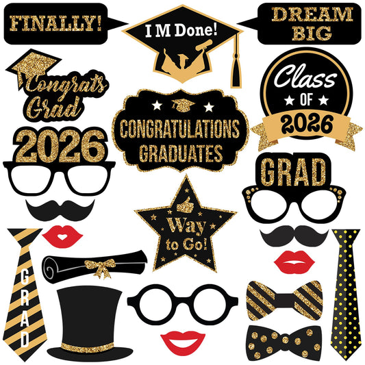 KatchOn, Graduation Photo Booth Props 2026 - Pack of 21 | 2026 Photo Props for Black and Gold 2026 Graduation Decorations, Graduation Party Decorations, Graduation Photo Booth Props, Grad Party Decor