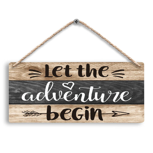 FUGWN Let the Adventure Begin Hanging Wooden Signs 12x6, Rustic Cabin Camper Home RV Wall Decor, Camping Lovers Home Decor Gifts for Camper Women Men
