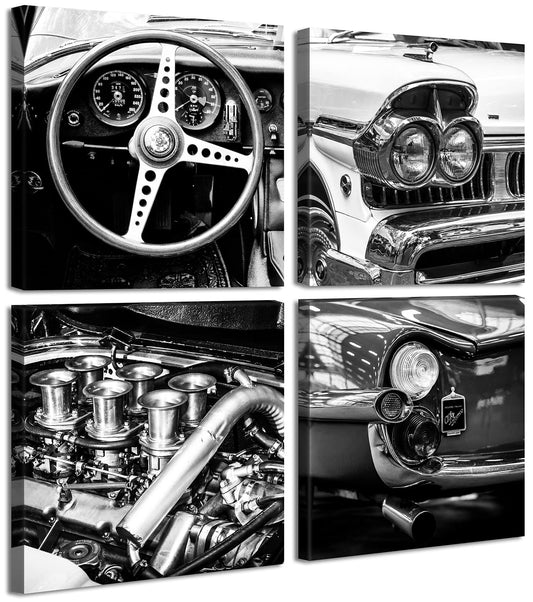 DJSYLIFE Black and White Wall Art Vintage Car Posters Decor Mens Bedroom Boys Room Office Paintings Canvas Pictures Framed Ready to Hang 12" W×12" H×4 PCS